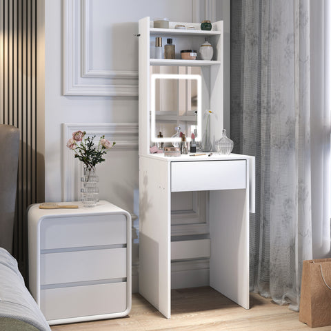 Tocador de Maquilhagem com Luzes LED de Cor Ajustável e Espelho Tocador com Lateral Rebatível Gaveta Compartimentos Abertos para Espaços Pequenos 45x45x152 cm Branco