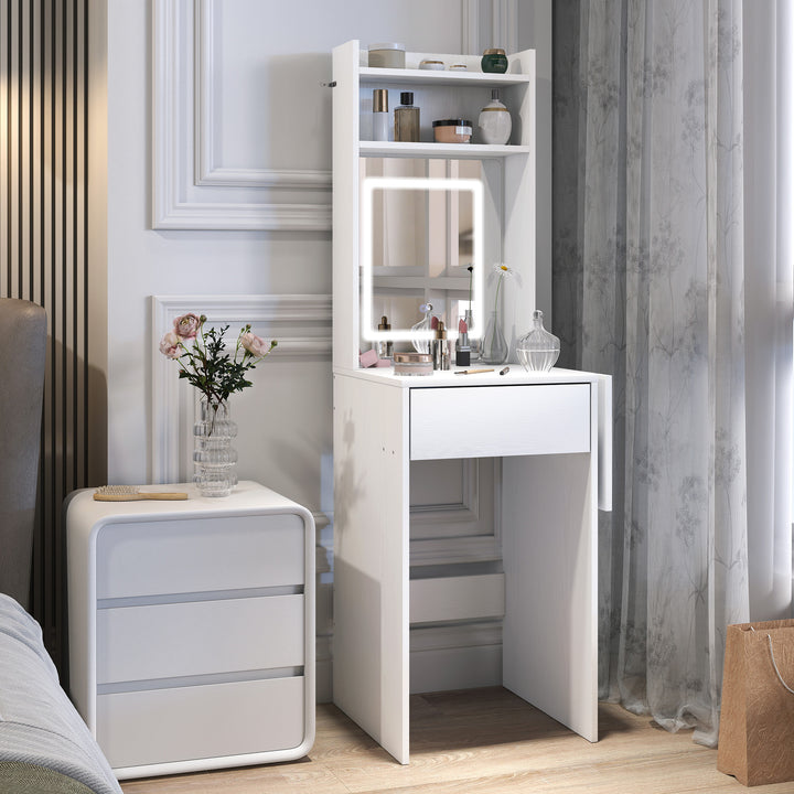 Tocador de Maquilhagem com Luzes LED de Cor Ajustável e Espelho Tocador com Lateral Rebatível Gaveta Compartimentos Abertos para Espaços Pequenos 45x45x152 cm Branco