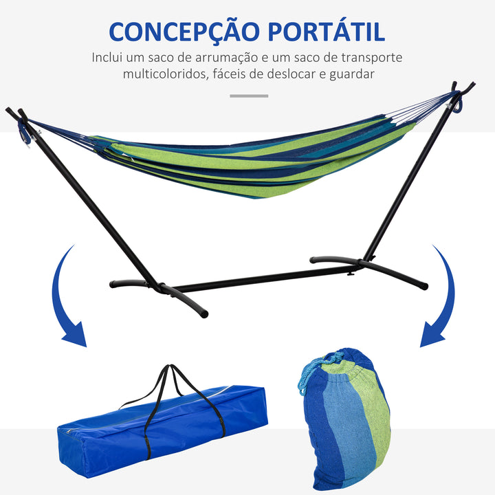 Cama Rede com Suporte 298x117 cm Cama Rede de Campismo com Bolsa de Transporte Portátil Altura Ajustável Capacidade 120 kg para Pátio Varanda Verde e Azul