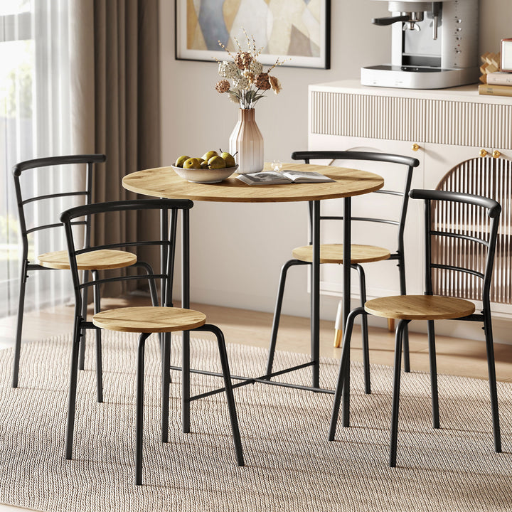 Conjunto de Mesa e Cadeiras de Jantar Compacto, Mesa Redonda com 4 Cadeiras, Estilo Industrial, Estrutura Metálica, Ideal para Espaços Pequenos, Sala de Jantar, Mesa Ø85x76 cm, Natural