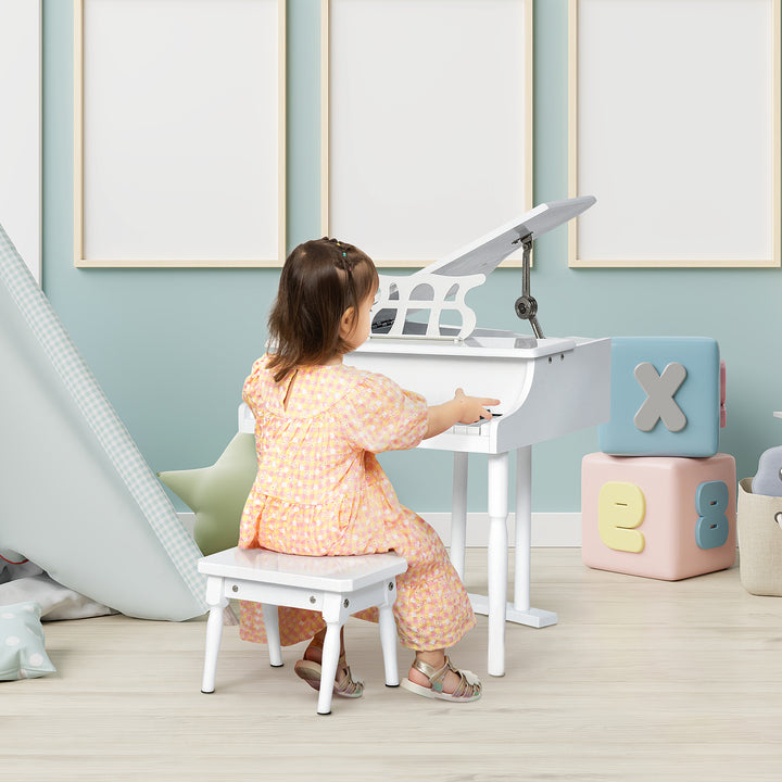 Mini piano infantil com banco 30 teclas com suporte para partitura 52x50x49 cm Branco