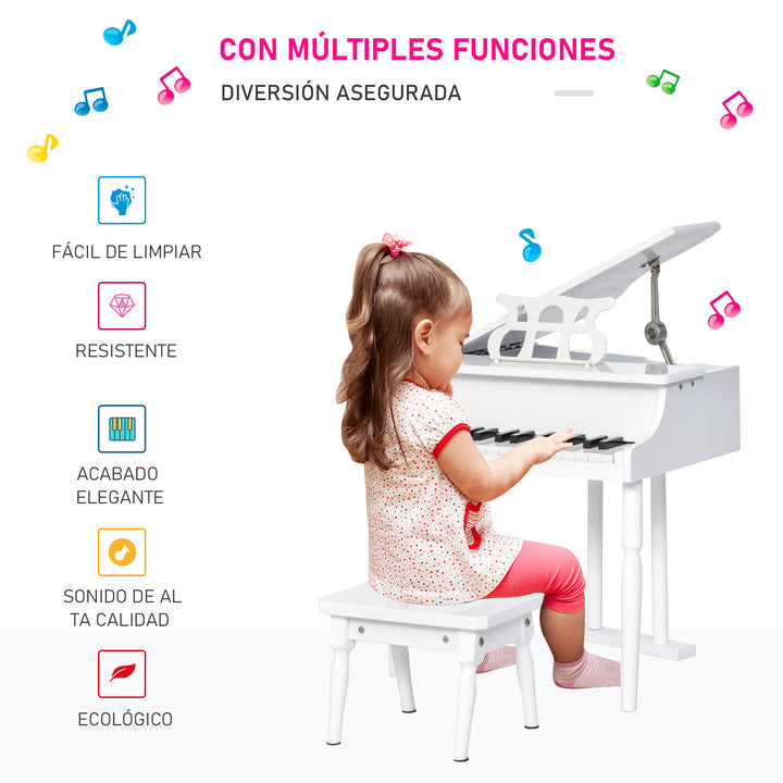 Mini piano infantil com banco 30 teclas com suporte para partitura 52x50x49 cm Branco