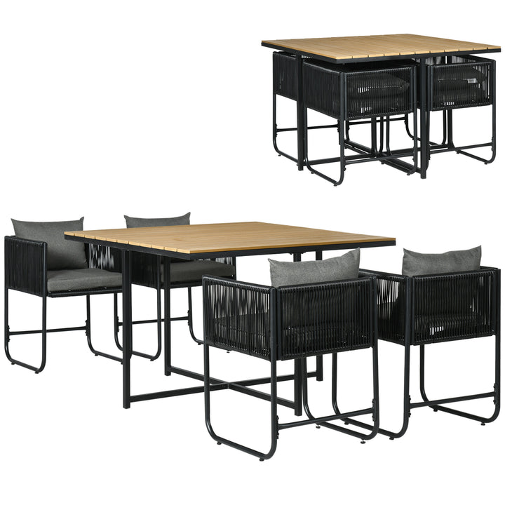 Conjunto de Jardim de Vime Sintético Conjunto de Móveis de Exterior de Vime com 5 Peças Mesa Quadrada e 4 Cadeiras Almofadas Preto e Madeira