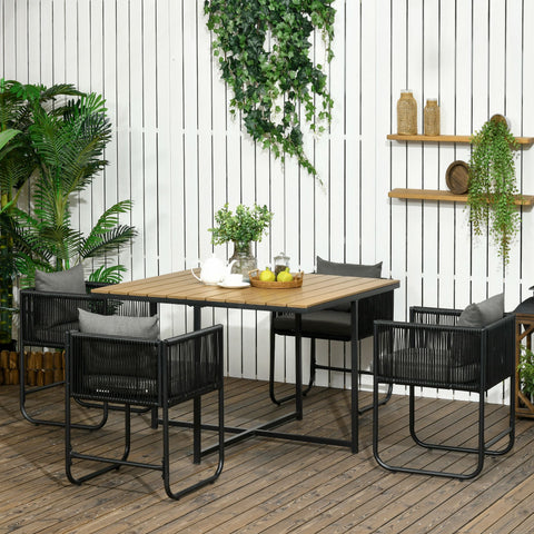 Conjunto de Jardim de Vime Sintético Conjunto de Móveis de Exterior de Vime com 5 Peças Mesa Quadrada e 4 Cadeiras Almofadas Preto e Madeira