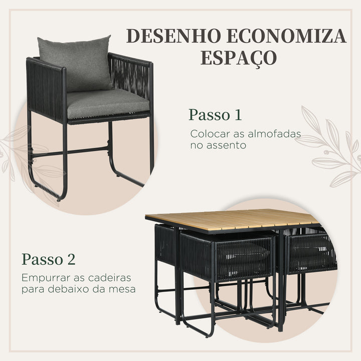 Conjunto de Jardim de Vime Sintético Conjunto de Móveis de Exterior de Vime com 5 Peças Mesa Quadrada e 4 Cadeiras Almofadas Preto e Madeira