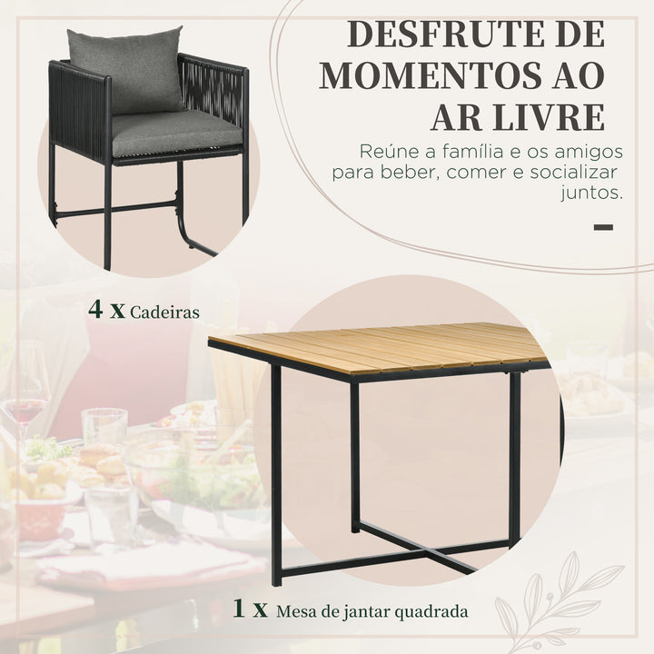 Conjunto de Jardim de Vime Sintético Conjunto de Móveis de Exterior de Vime com 5 Peças Mesa Quadrada e 4 Cadeiras Almofadas Preto e Madeira