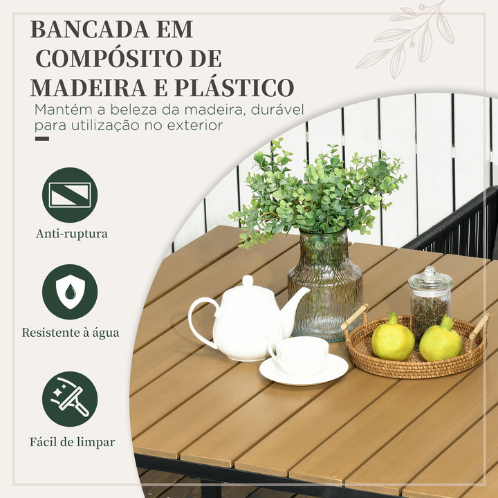 Conjunto de Jardim de Vime Sintético Conjunto de Móveis de Exterior de Vime com 5 Peças Mesa Quadrada e 4 Cadeiras Almofadas Preto e Madeira