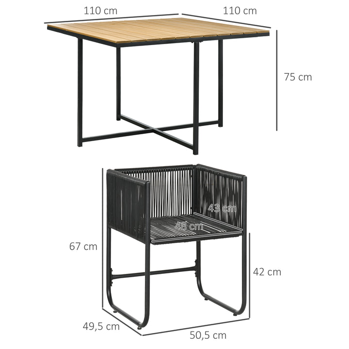 Conjunto de Jardim de Vime Sintético Conjunto de Móveis de Exterior de Vime com 5 Peças Mesa Quadrada e 4 Cadeiras Almofadas Preto e Madeira