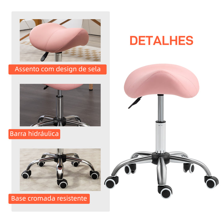 Banco com Rodas Banco Giratório Cosmético com Altura Ajustável Assento Acolchoado e Amplo Dentista Cabeleireiro Carga 120 kg 52x53x49-61 cm Rosa