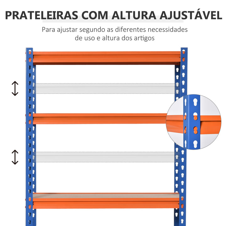 Estante Metálica de Armazenamento 80x40x182cm com 5 Prateleiras Altura Ajustável Carga Máxima por Prateleira 300kg para Armazenamento Garagem Oficina Azul e Laranja