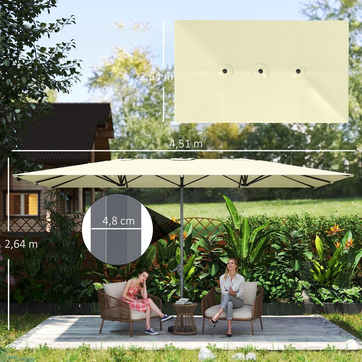 Chapéu de Sol Duplo 4,5x2,6 m Chapéu de Sol de Jardim com Manivela Mastro de Alumínio Impermeável e Proteção UV50+ Chapéu de Sol Grande para Exterior Piscina Creme