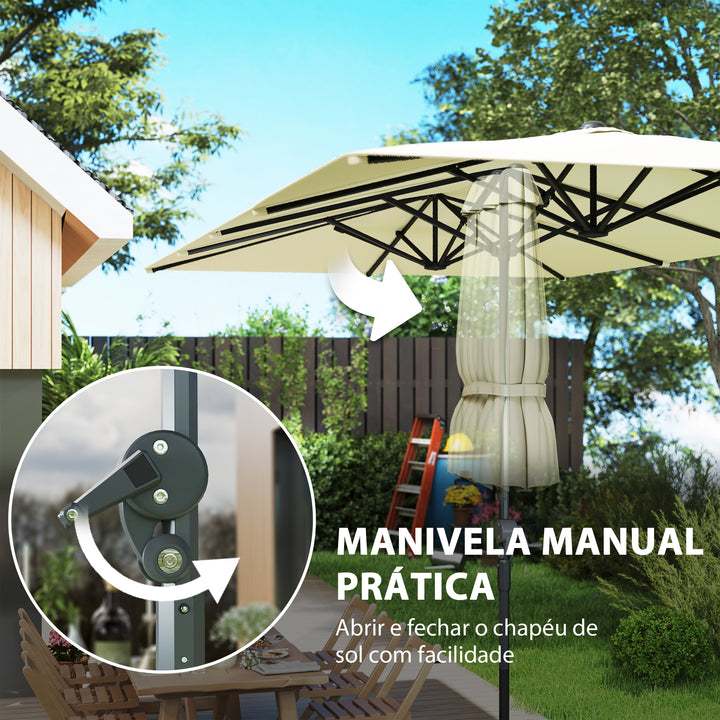 Chapéu de Sol Duplo 4,5x2,6 m Chapéu de Sol de Jardim com Manivela Mastro de Alumínio Impermeável e Proteção UV50+ Chapéu de Sol Grande para Exterior Piscina Creme