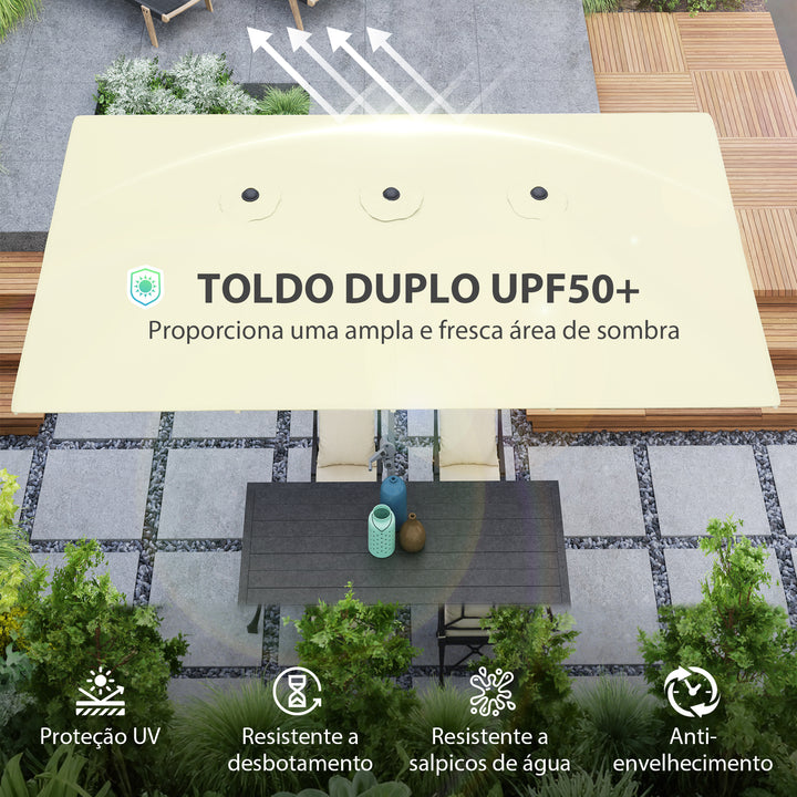 Chapéu de Sol Duplo 4,5x2,6 m Chapéu de Sol de Jardim com Manivela Mastro de Alumínio Impermeável e Proteção UV50+ Chapéu de Sol Grande para Exterior Piscina Creme