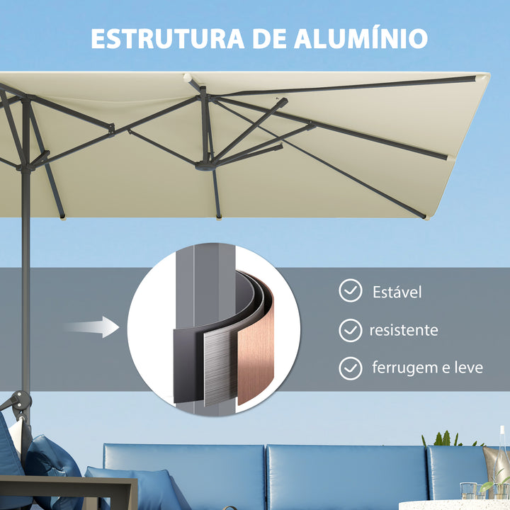 Chapéu de Sol Duplo 4,5x2,6 m Chapéu de Sol de Jardim com Manivela Mastro de Alumínio Impermeável e Proteção UV50+ Chapéu de Sol Grande para Exterior Piscina Creme