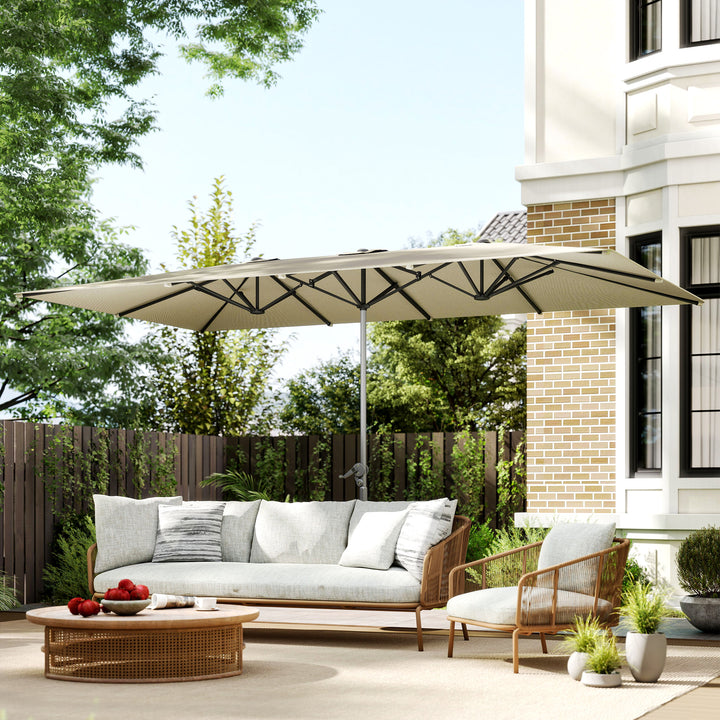 Chapéu de Sol Duplo 4,5x2,6 m Chapéu de Sol de Jardim com Manivela Mastro de Alumínio Impermeável e Proteção UV50+ Chapéu de Sol Grande para Exterior Piscina Creme