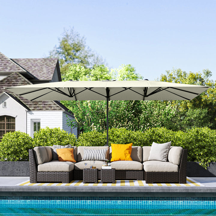 Chapéu de Sol Duplo 4,5x2,6 m Chapéu de Sol de Jardim com Manivela Mastro de Alumínio Impermeável e Proteção UV50+ Chapéu de Sol Grande para Exterior Piscina Creme