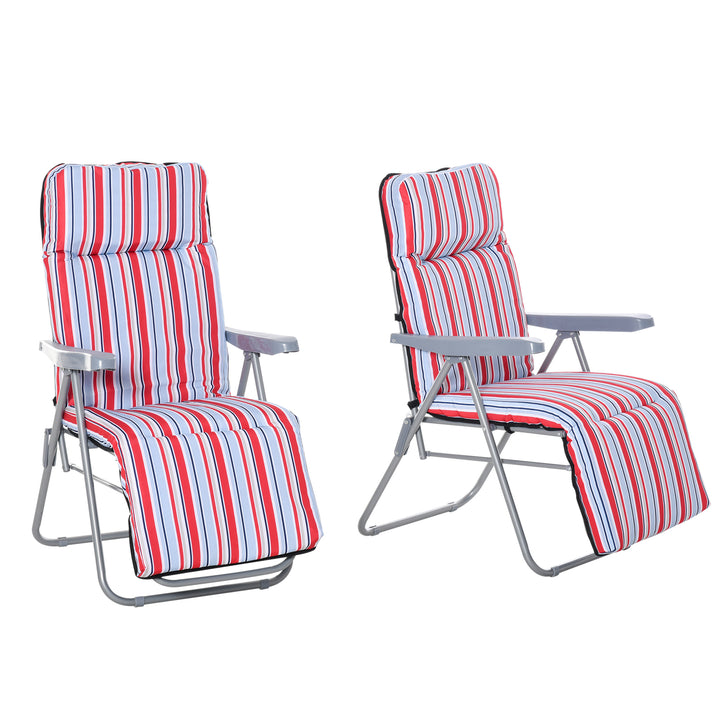 Conjunto de 2 Espreguiçadeiras Dobráveis de Jardim Exterior com Almofada Acolchoada Encosto Ajustável em 5 Posições Apoio para Pés e Estrutura de Aço 60x75x65-102 cm Vermelho e Branco