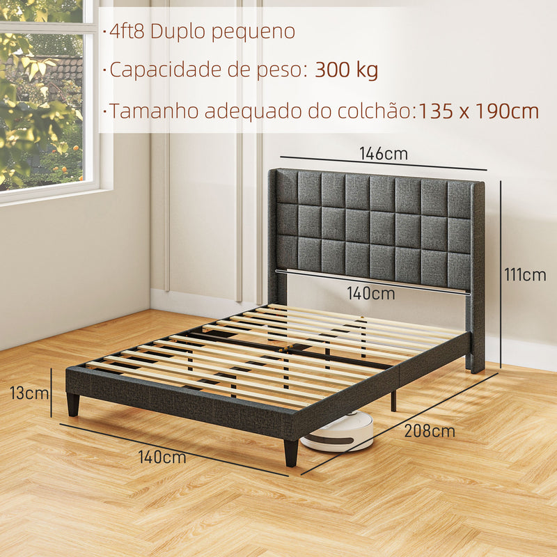 Cama 135x190 cm Estrutura de Cama com Cabeceira Estofada em Linho e Espaço de Armazenamento Debaixo da Cama Carga 300 kg Cinza