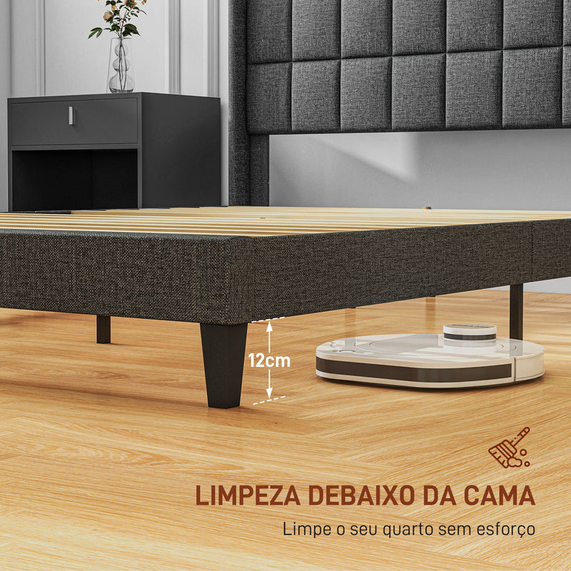 Cama 135x190 cm Estrutura de Cama com Cabeceira Estofada em Linho e Espaço de Armazenamento Debaixo da Cama Carga 300 kg Cinza