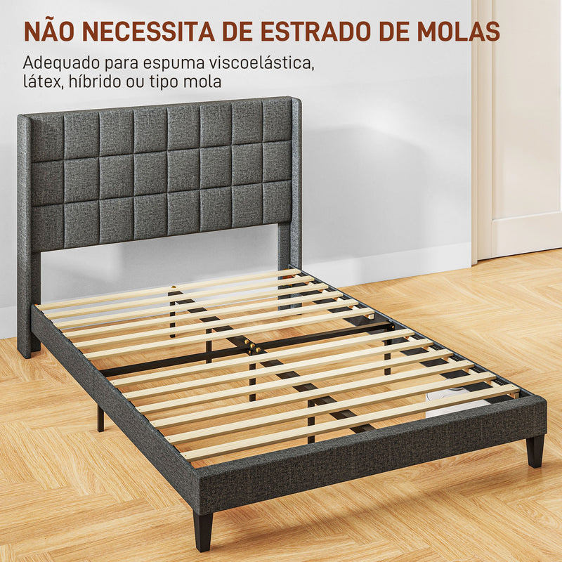 Cama 135x190 cm Estrutura de Cama com Cabeceira Estofada em Linho e Espaço de Armazenamento Debaixo da Cama Carga 300 kg Cinza