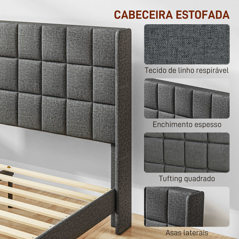 Cama 135x190 cm Estrutura de Cama com Cabeceira Estofada em Linho e Espaço de Armazenamento Debaixo da Cama Carga 300 kg Cinza