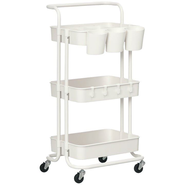 Carrinho de Cozinha de Aço Carrinho de Armazenamento com 4 Ganchos 3 Cestas Removíveis 3 Caixas Suspensas e Travões para Casa de Banho Sala de Estar Dormitório 42x38x86,5 cm Branco