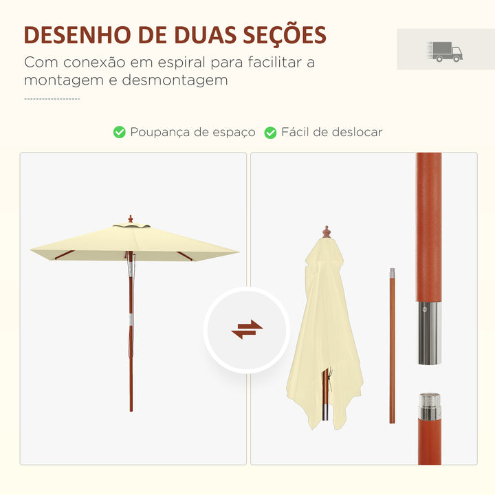 Chapéu de Sol de Jardim 200x150x235cm Chapéu de Sol Retangular Inclinável com Polia Duplo Teto e Mastro Desmontável de Madeira para Terraço Pátio Bege
