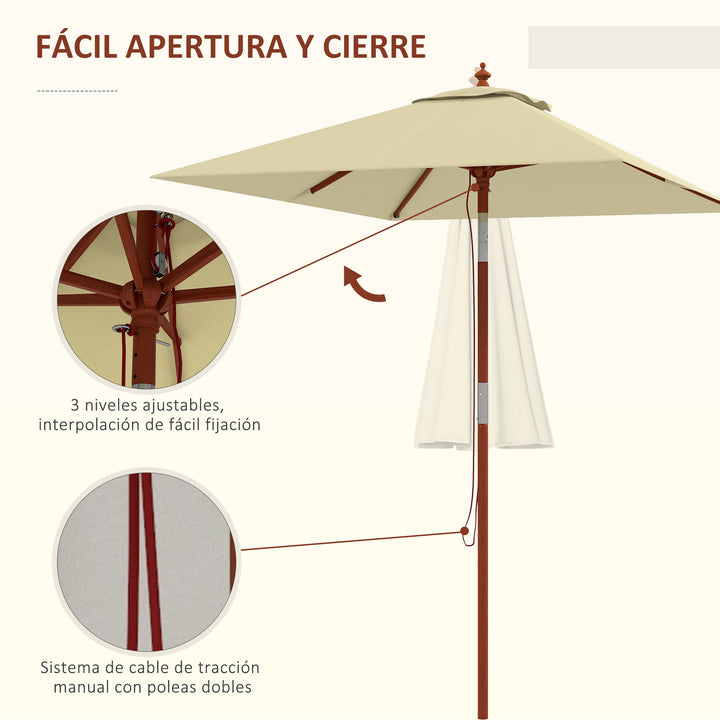 Chapéu de Sol de Jardim 200x150x235cm Chapéu de Sol Retangular Inclinável com Polia Duplo Teto e Mastro Desmontável de Madeira para Terraço Pátio Bege