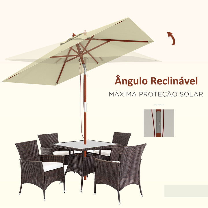 Chapéu de Sol de Jardim 200x150x235cm Chapéu de Sol Retangular Inclinável com Polia Duplo Teto e Mastro Desmontável de Madeira para Terraço Pátio Bege