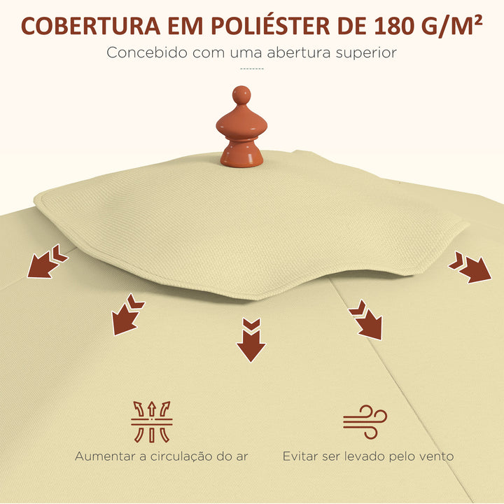 Chapéu de Sol de Jardim 200x150x235cm Chapéu de Sol Retangular Inclinável com Polia Duplo Teto e Mastro Desmontável de Madeira para Terraço Pátio Bege