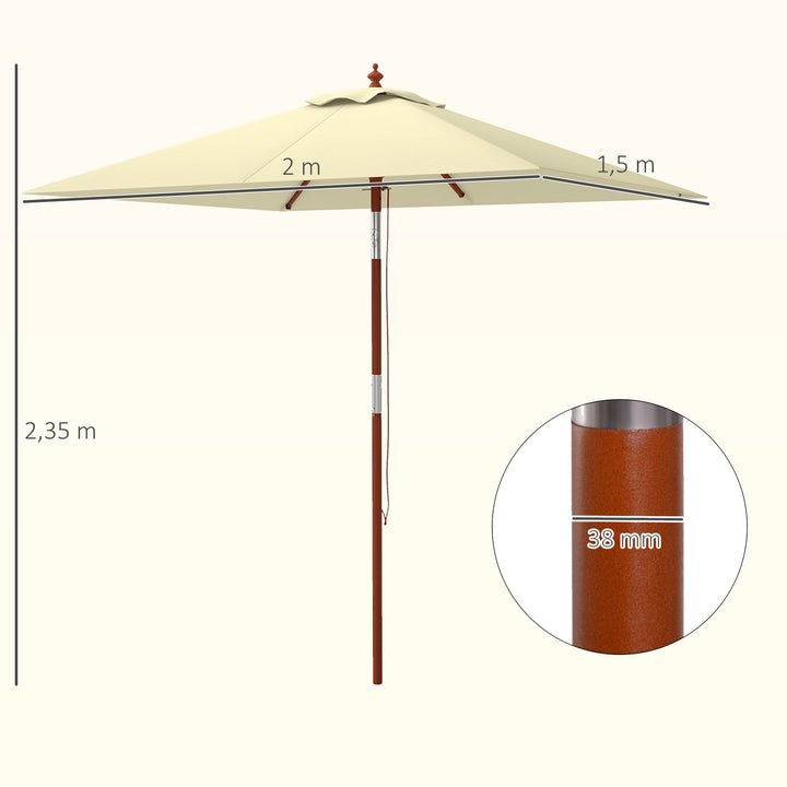 Chapéu de Sol de Jardim 200x150x235cm Chapéu de Sol Retangular Inclinável com Polia Duplo Teto e Mastro Desmontável de Madeira para Terraço Pátio Bege