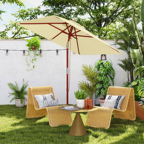 Chapéu de Sol de Jardim 200x150x235cm Chapéu de Sol Retangular Inclinável com Polia Duplo Teto e Mastro Desmontável de Madeira para Terraço Pátio Bege