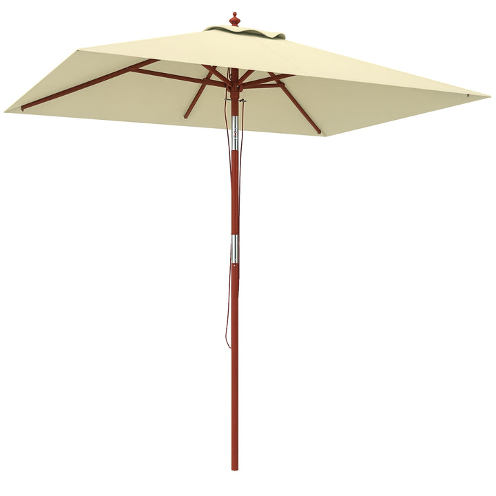 Chapéu de Sol de Jardim 200x150x235cm Chapéu de Sol Retangular Inclinável com Polia Duplo Teto e Mastro Desmontável de Madeira para Terraço Pátio Bege