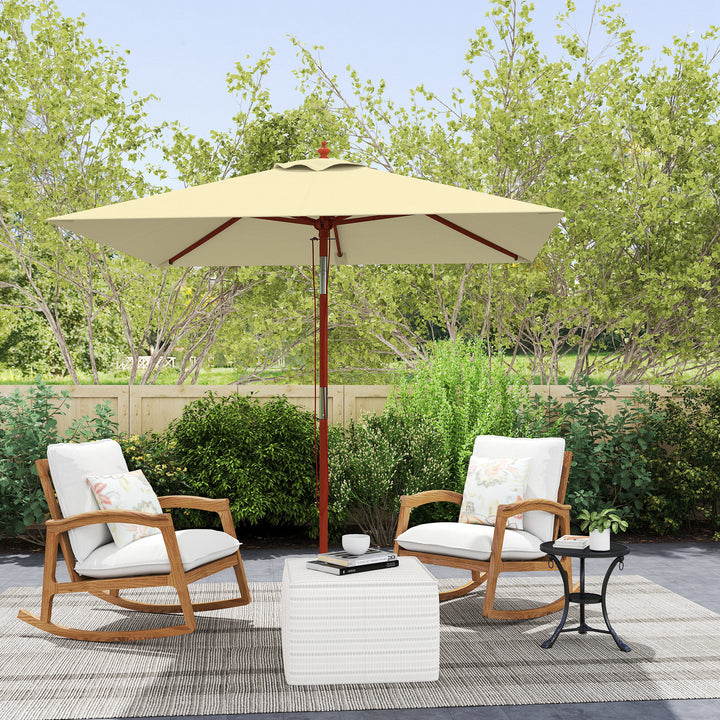 Chapéu de Sol de Jardim 200x150x235cm Chapéu de Sol Retangular Inclinável com Polia Duplo Teto e Mastro Desmontável de Madeira para Terraço Pátio Bege