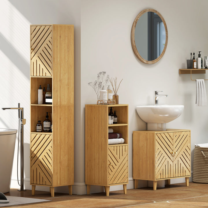 Coluna de Casa de Banho Estreita Armário de Casa de Banho Alto com Portas e Pés de Bambu Prateleiras Ajustáveis Compartimento Aberto 32x30x170 cm Madeira