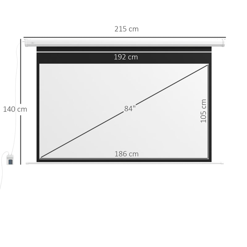 Tela de Projeção Elétrica de 84 Polegadas Tela de Projeção Portátil Formato 16:9 com Controlo Remoto para Interior e Exterior Cinema em Casa Jardim 186x105 cm Branco