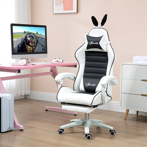 Cadeira Gaming Profissional Cadeira Gamer Giratória de Couro PU com Altura Ajustável Inclinável 135° Apoio para a Cabeça e Apoio para os Pés para Escritório 65x63x136-142 cm Branco e Preto