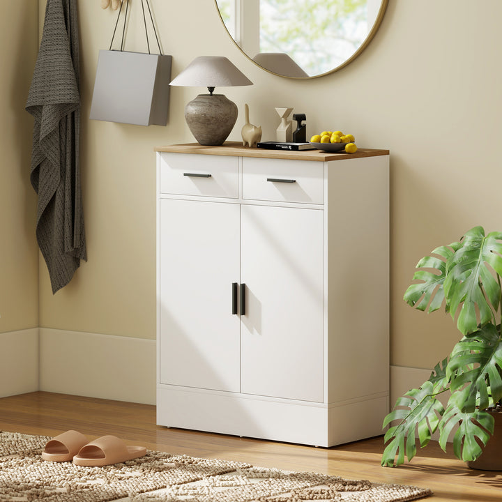 Aparador de 2 Portas Aparador de Sala de Estar com 2 Gavetas e Prateleiras Ajustáveis para Cozinha Entrada Quarto 68,6x35x90,3 cm Branco e Madeira