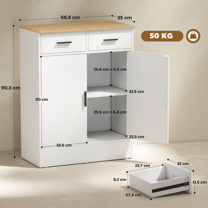 Aparador de 2 Portas Aparador de Sala de Estar com 2 Gavetas e Prateleiras Ajustáveis para Cozinha Entrada Quarto 68,6x35x90,3 cm Branco e Madeira
