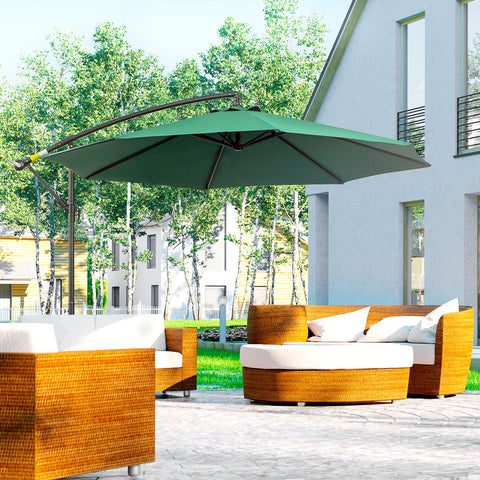 Chapéu de Sol de Jardim Ø295x245cm Chapéu de Sol Excêntrico Inclinável com Manivela Base Cruzada Suporte de Aço e Proteção Solar para Terraço Exterior Verde
