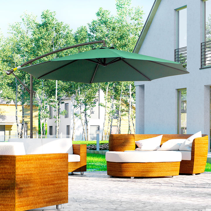 Chapéu de Sol de Jardim Ø295x245cm Chapéu de Sol Excêntrico Inclinável com Manivela Base Cruzada Suporte de Aço e Proteção Solar para Terraço Exterior Verde