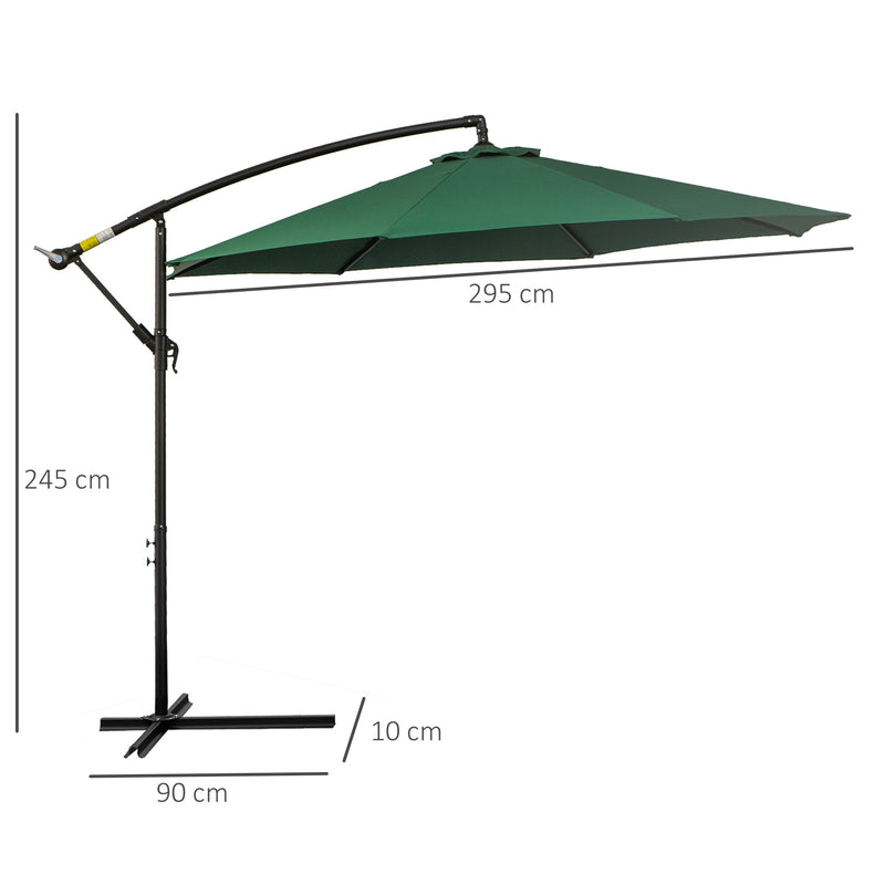 Chapéu de Sol de Jardim Ø295x245cm Chapéu de Sol Excêntrico Inclinável com Manivela Base Cruzada Suporte de Aço e Proteção Solar para Terraço Exterior Verde