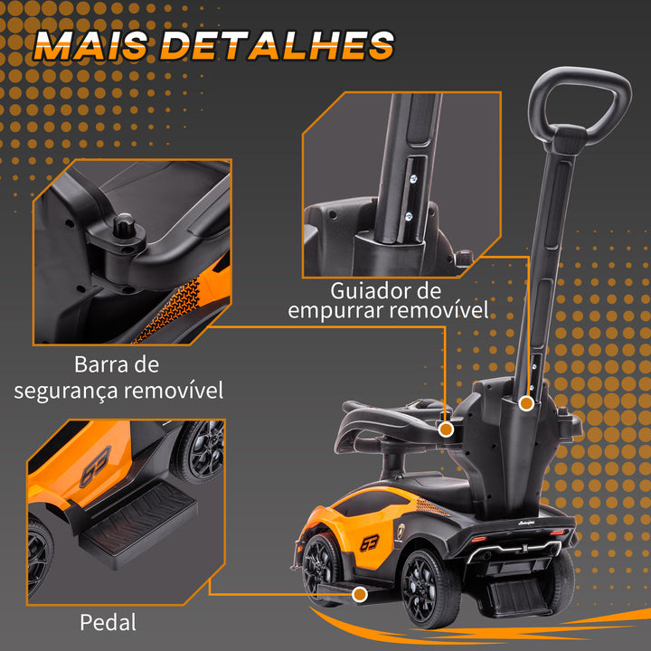 Carro Andador 2 em 1 para Crianças 12-36 Meses Lamborghini Essenza SCV2 Carro Andador com Buzina Guiador e Grade de Segurança Removível 86,5x40x89,5cm Laranja