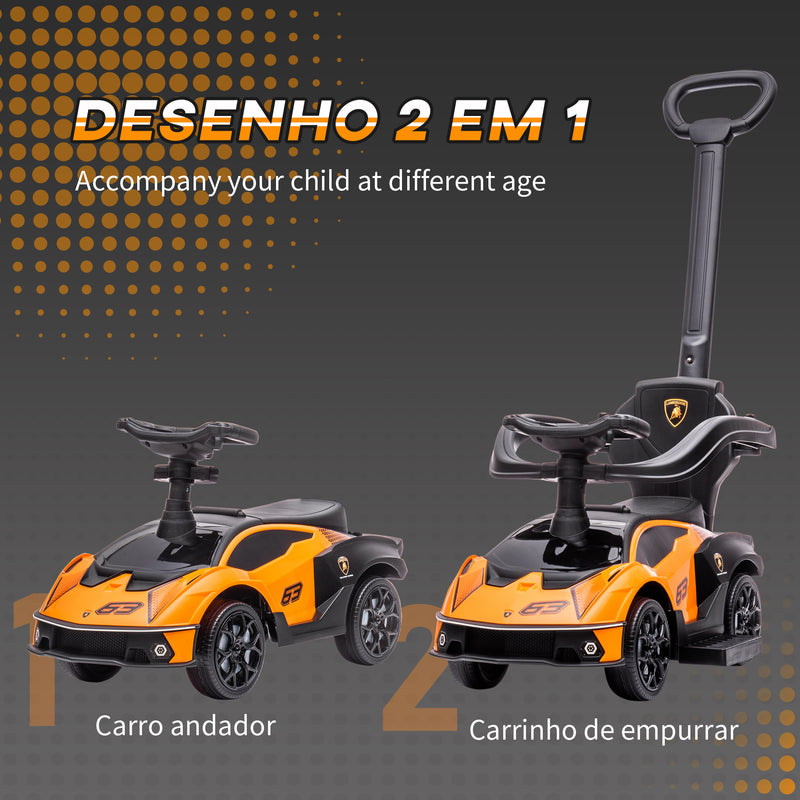 Carro Andador 2 em 1 para Crianças 12-36 Meses Lamborghini Essenza SCV2 Carro Andador com Buzina Guiador e Grade de Segurança Removível 86,5x40x89,5cm Laranja