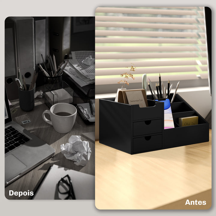 Organizador para Secretária de Bambu Organizador de Mesa de Escritório Multifuncional 33x20,5x15,5 cm Preto