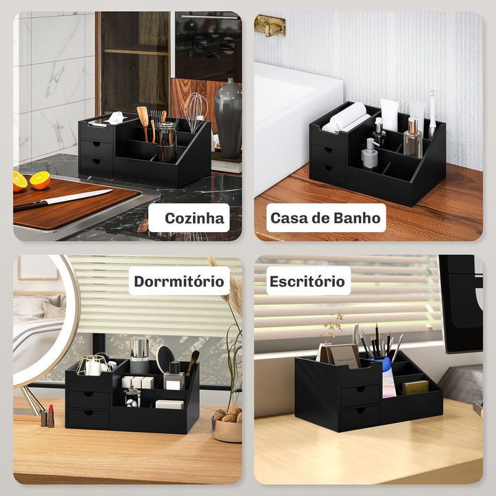 Organizador para Secretária de Bambu Organizador de Mesa de Escritório Multifuncional 33x20,5x15,5 cm Preto