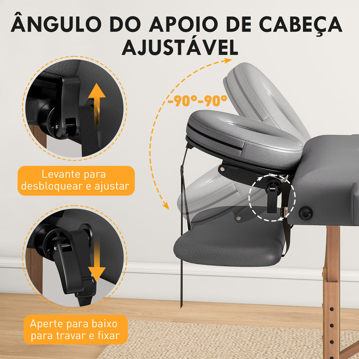 Marquesa de Massagem Dobrável Portátil Marquesa Estética Profissional em Madeira de 3 Zonas com Altura Ajustável Apoio de Cabeça Apoios de Braço Acolchoados 215x60x64-89 cm Cinza