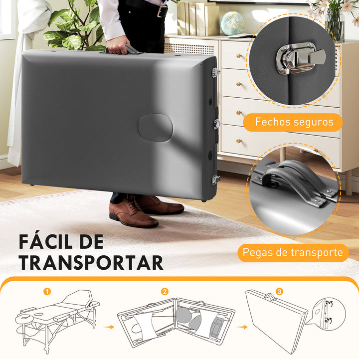 Marquesa de Massagem Dobrável Portátil Marquesa Estética Profissional em Madeira de 3 Zonas com Altura Ajustável Apoio de Cabeça Apoios de Braço Acolchoados 215x60x64-89 cm Cinza
