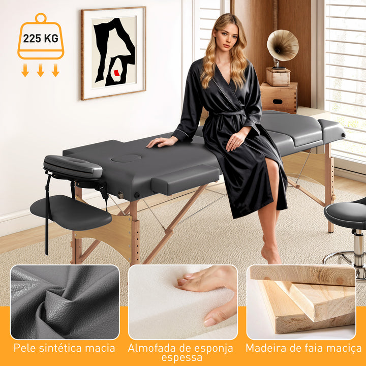 Marquesa de Massagem Dobrável Portátil Marquesa Estética Profissional em Madeira de 3 Zonas com Altura Ajustável Apoio de Cabeça Apoios de Braço Acolchoados 215x60x64-89 cm Cinza