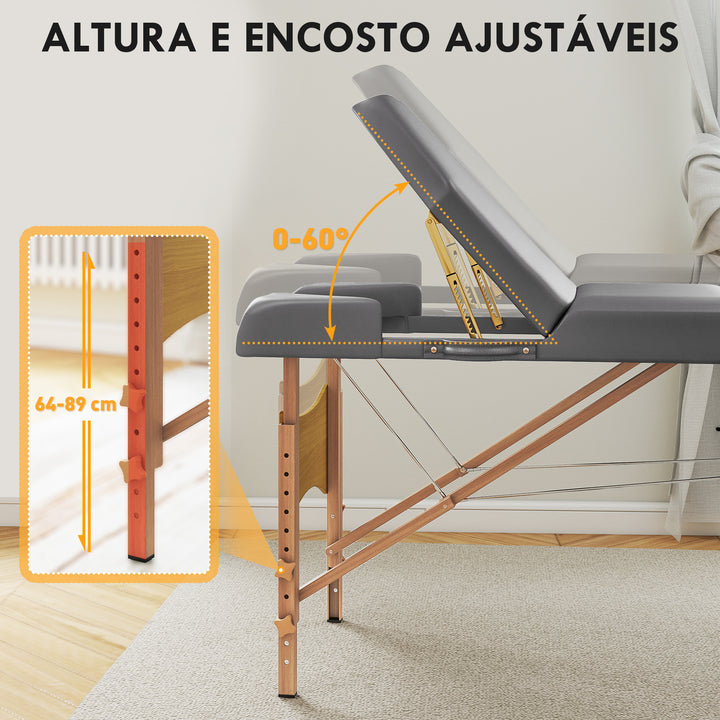 Marquesa de Massagem Dobrável Portátil Marquesa Estética Profissional em Madeira de 3 Zonas com Altura Ajustável Apoio de Cabeça Apoios de Braço Acolchoados 215x60x64-89 cm Cinza